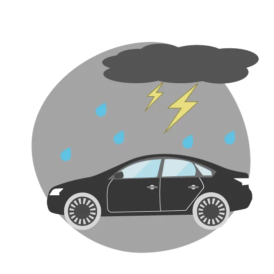 black car driving during a storm